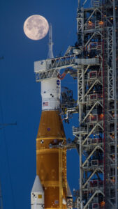 A full Moon is in view from Launch Complex 39B at NASA’s Kennedy Space Center in Florida on June 14, 2022.