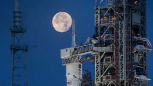 A full Moon is in view from Launch Complex 39B at NASA’s Kennedy Space Center in Florida on June 14, 2022.