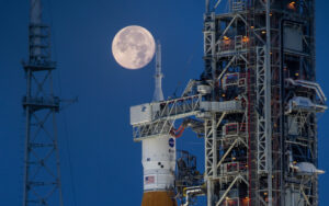 A full Moon is in view from Launch Complex 39B at NASA’s Kennedy Space Center in Florida on June 14, 2022.